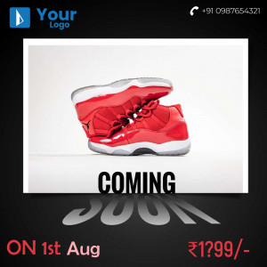 Red Air Jordan 11 sneakers with 'Coming Soon' text