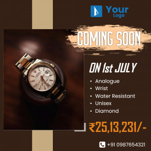 Close-up of a gold and silver watch with 'Coming Soon' text and launch details.