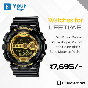 Close-up of a black and gold G-Shock watch with price and contact information.