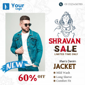 Man wearing a denim jacket with Shravan Sale promotion