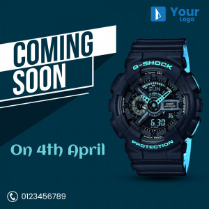 Close-up of a black G-Shock watch with a blue glow, announcing a release date.