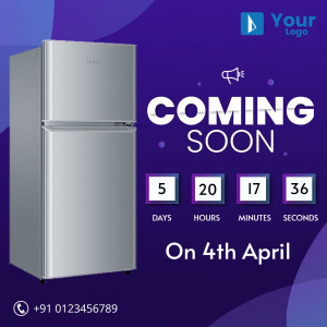 Silver refrigerator with a 'Coming Soon' announcement and countdown timer.