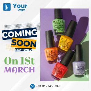 Colorful nail polish bottles arranged with a 'Coming Soon' announcement.