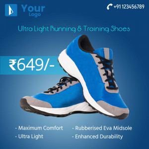 Blue running shoes with price tag