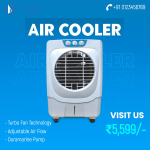 White air cooler with price tag and features listed