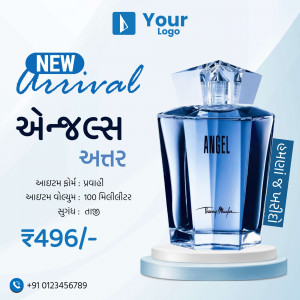 Image of Angel perfume bottle with 'New Arrival' promotion and price details.