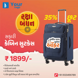 Discount offer on a navy blue cabin suitcase with a 35% off tag.