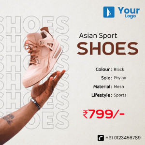 Close-up of a pink Asian Sport shoe being held, with product details and price.