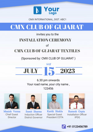 Invitation card for CMX Club of Gujarat Installation Ceremony of CMX Textiles
