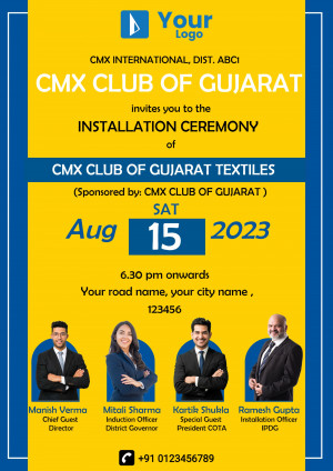 Invitation card for CMX Club of Gujarat Textiles Installation Ceremony on August 15, 2023