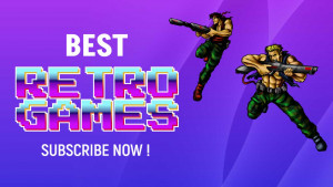 Pixel art illustration of action game characters with the text 'Best Retro Games' and 'Subscribe Now!'