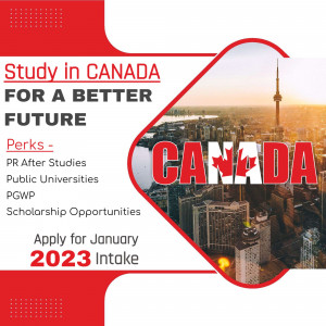 Study in Canada promotional image with CN Tower and Canadian flag