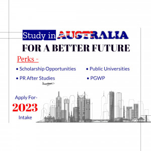 Image promoting study opportunities in Australia for the 2023 intake, highlighting perks like scholarships and post-study work opportunities.