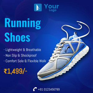 Close-up of blue and white running shoes with promotional text.