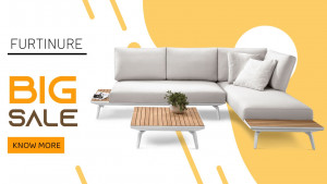 White sectional sofa with wooden coffee table during a furniture sale