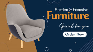 Gray armchair with wooden legs on a blue and orange background with promotional text.
