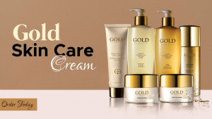 Assortment of gold-themed skincare products including creams, lotions, and jars.