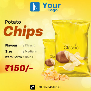 Image of a yellow potato chips bag with product details and pricing.