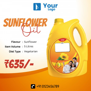 Image of a 5-liter bottle of Sunflower Oil with price and details.