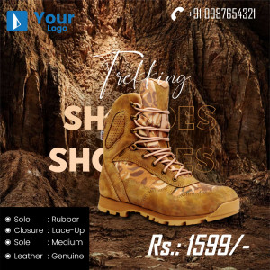 Close-up of brown trekking shoes with price and details.