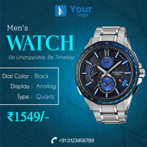 Close-up of a silver and blue Casio Oceanus men's watch with black dial.