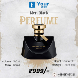 Black perfume bottle with gold accents, labeled Jasmin Noir, with price and details.