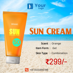 Image of a tube of sun cream with SPF 50 on a beach background.
