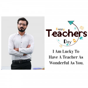 A man with a 'Happy Teachers Day' graphic