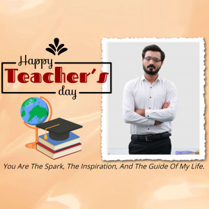 Happy Teacher's Day greeting with a teacher's portrait and educational symbols.