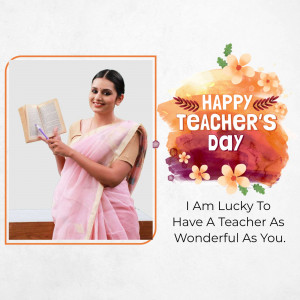 A woman in a saree holding a book with a Happy Teacher's Day watercolor design.