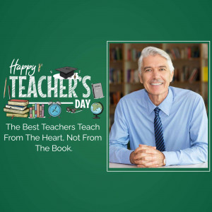 Image celebrating Teacher's Day with a portrait of a male teacher and school supplies.