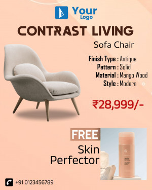 Advertisement for a modern sofa chair with a free skin perfector offer.