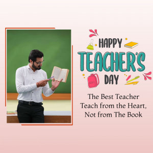 A teacher reading a book with a 'Happy Teacher's Day' graphic.