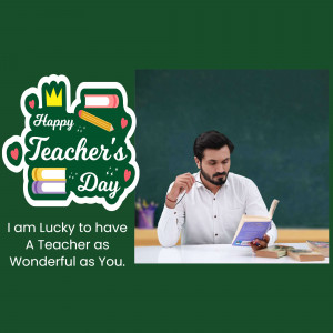 Image depicting a teacher reading with a 'Happy Teacher's Day' graphic.