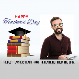 Image wishing a Happy Teacher's Day with a teacher and books