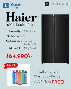 Haier 630L Double Door Refrigerator with Free Cello Bottle Set