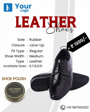Advertisement for black leather shoes with details on price, material, and size.