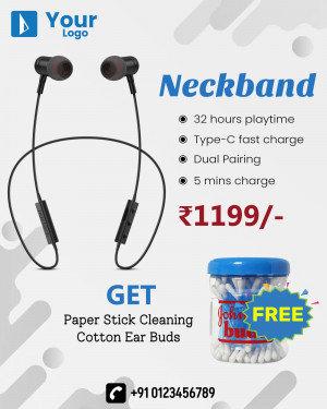 Image of neckband wireless earphones with a free cotton earbud container
