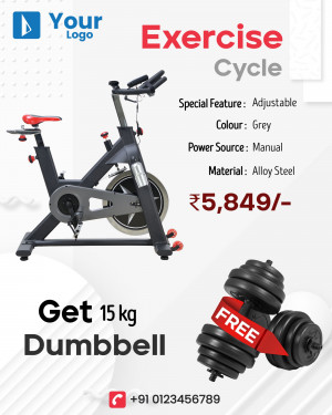 Image of an exercise cycle with a free dumbbell set, promotional offer.