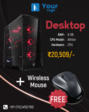 Black desktop computer with red accents and a free wireless mouse