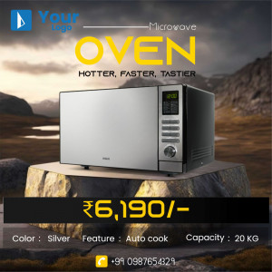 Silver microwave oven on a rock with price tag