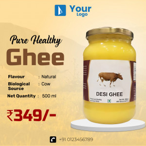 Image of a jar of Desi Ghee with a cow illustration and price details.