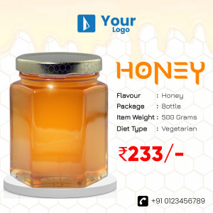 A glass jar of honey with product details and price.