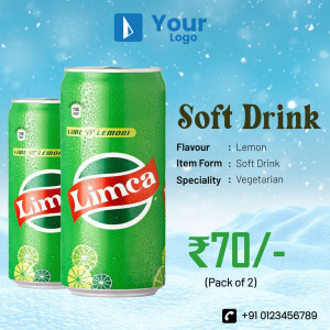 Two cans of Limca lemon-flavored soft drink with price and details.