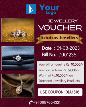 Jewellery voucher with diamond rings and necklace, redeemable at Srinivas Jewellers.