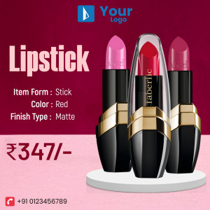 Three Taberlic lipsticks in different shades of red and pink on a white platform with price and contact details.