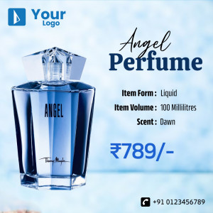 Advertisement for Angel Perfume with a blue bottle and product details.