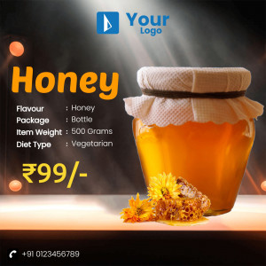 Close-up of a jar of honey with product details and pricing.