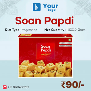 Image of a Soan Papdi box with pieces of the sweet displayed