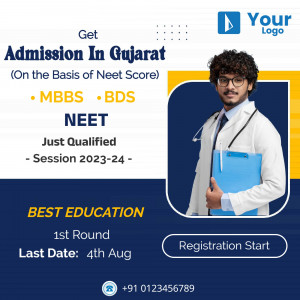 Image promoting MBBS and BDS admissions in Gujarat based on NEET scores.